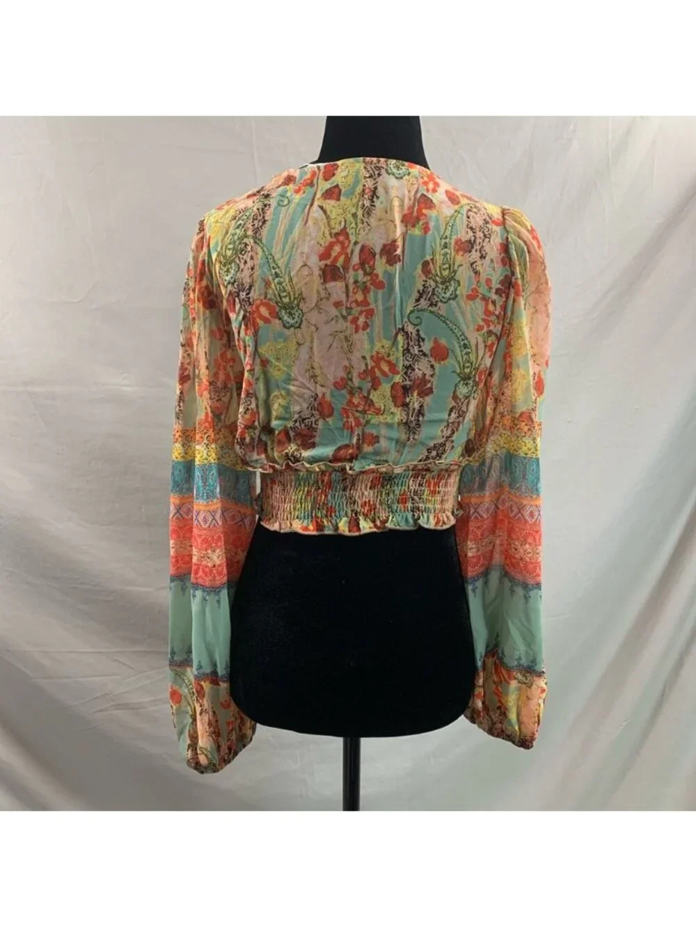 Lantern Sleeve Frilled Shirred Panel Floral & Paisley Print Top - Picture 10 of 10